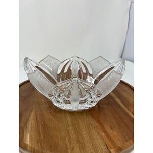Vintage Crystal Lotus Flower Bowl Frosted & Clear Glass Scalloped Centerpiece 8"